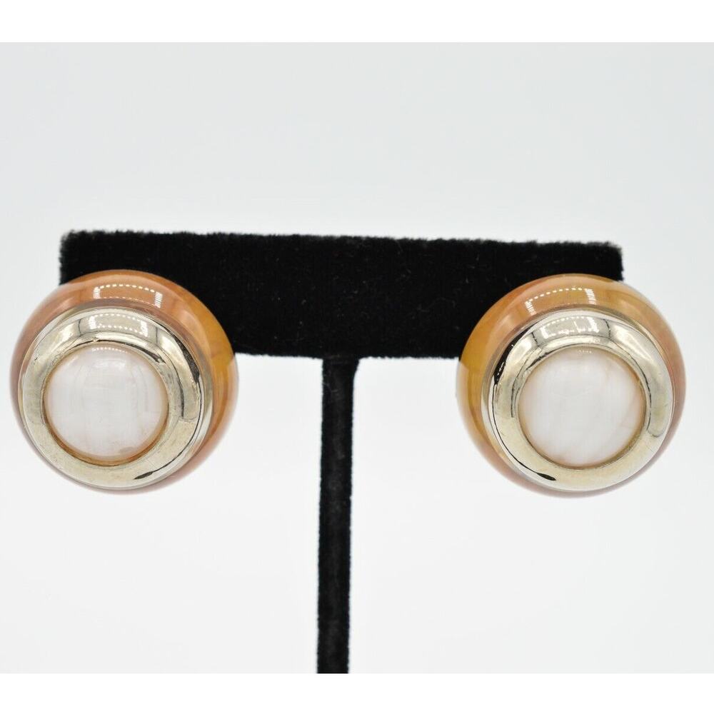 DIVA Vintage Clip On Earrings Round Chunky Lucite White Black Signed 1980s BinU